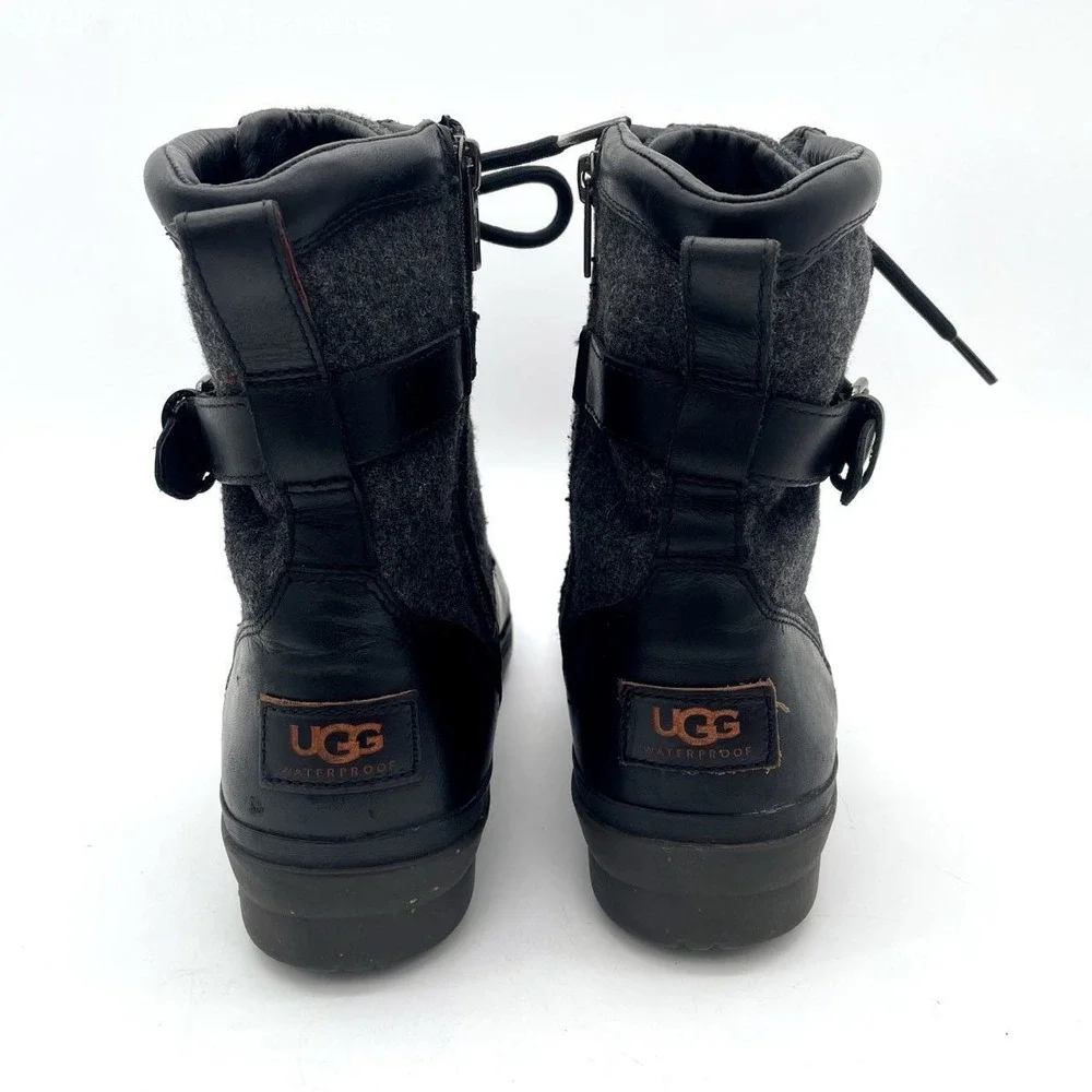 UGG Waterproof Leather Wool Lace Up Combat Boots Womens Size 9 Black Gray